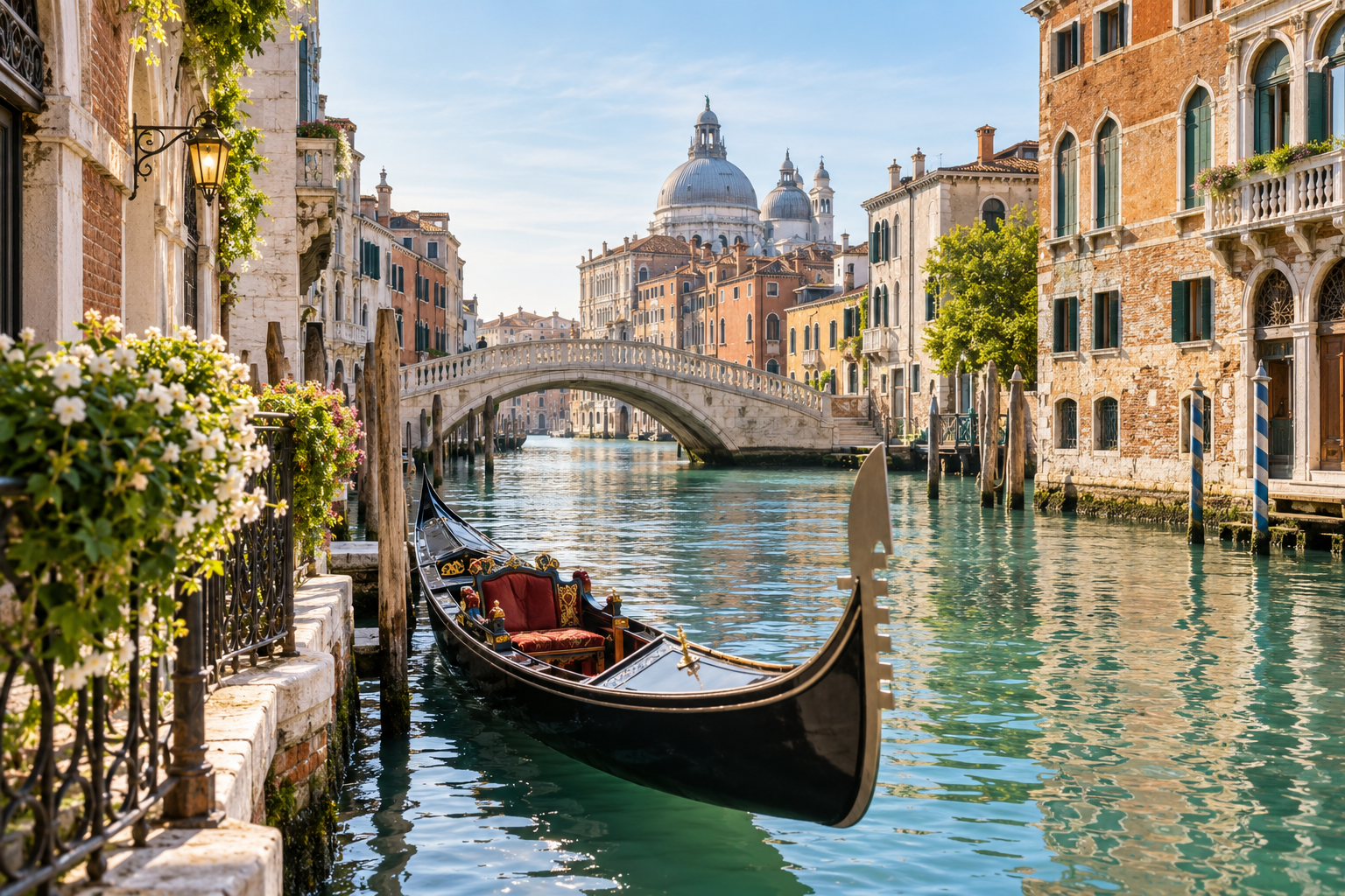 A gondola on a sunlit canal in Venice